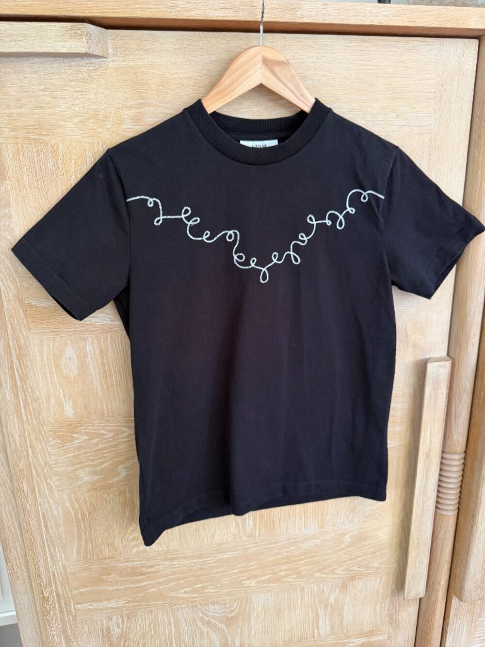 GANNI Black Heavy Cotton Embroidered Rope T-Shirt | Medium | Like New